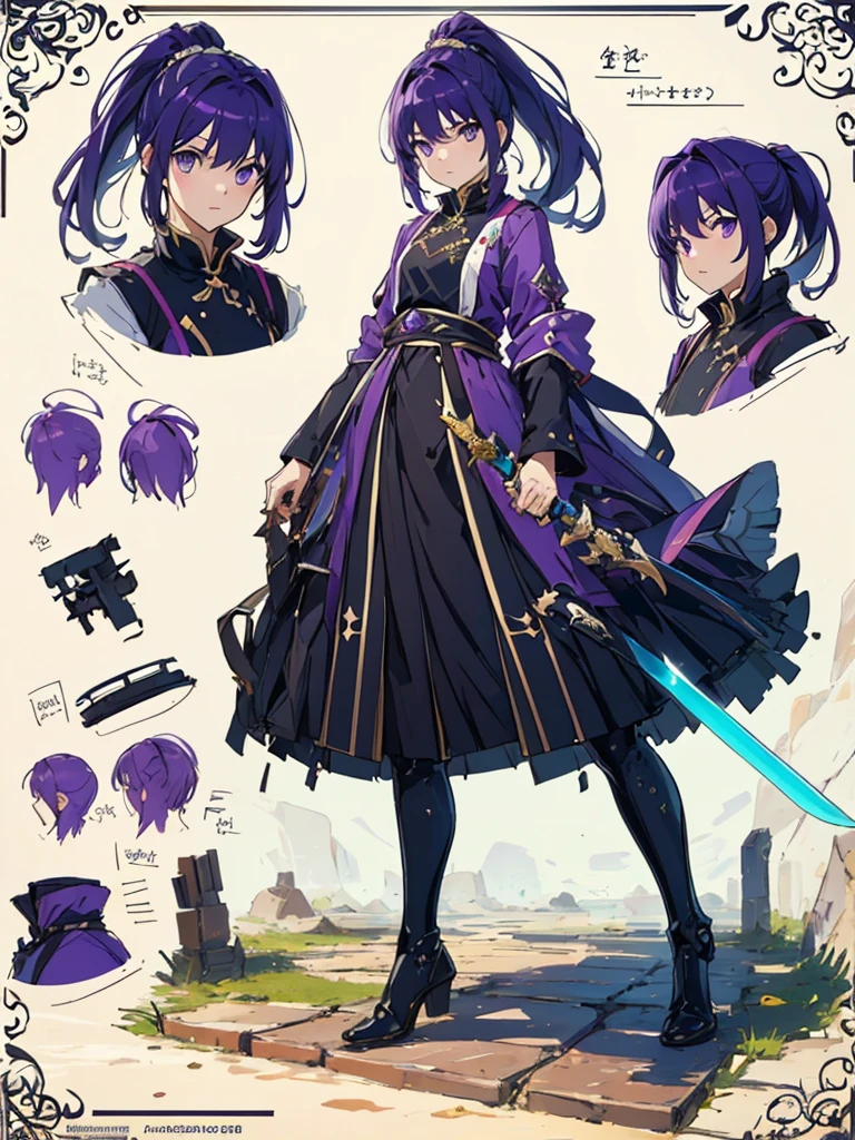 (masterpiece:1.2, highest quality),(Colored Background) (Beautiful detailed eyes: 1.2), (Highly detailed CG Unity 8K wallpaper, masterpiece, highest quality, Super detailed, best shadow), (detailed background) ,arms(have a sword),solo ,purple hair,purple eyes,ponytail,1girl, sketch (Character design sheet, same character, full body, Three-View, front, ~ side, return), solo,background white, Setting picture