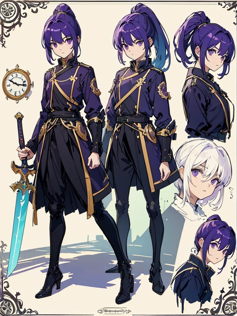 (masterpiece:1.2, highest quality),(Colored Background) (Beautiful detailed eyes: 1.2), (Highly detailed CG Unity 8K wallpaper, masterpiece, highest quality, Super detailed, best shadow), (detailed background) ,arms(have a sword),solo ,purple hair,purple eyes,ponytail,1girl, sketch (Character design sheet, same character, full body, Three-View, front, ~ side, return), solo,background white, Setting picture