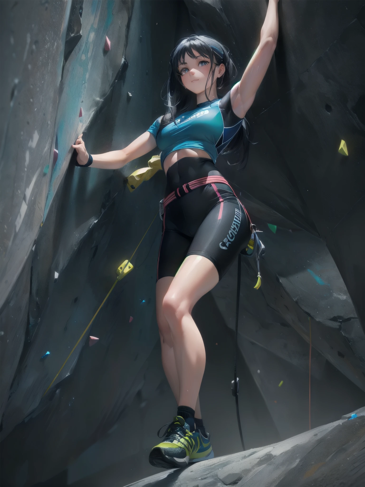 high quality,HD,16k,sharp lines,1 girl,Female sport climbing athlete ,cute face, large breasts, nice legs,At the sport climbing venue,focus girl,detailed beautiful face,detailed clothes,beautiful eyes,cool,dynamic angle
