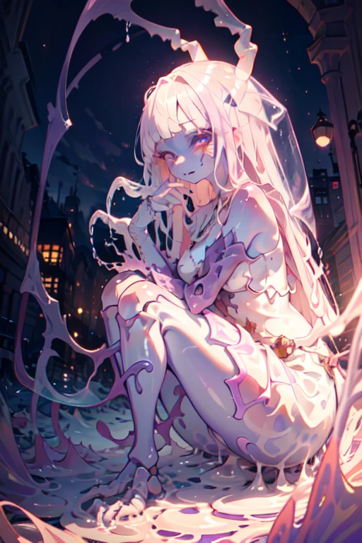 (Translucent liquid skin:1.6), No humans, punk outfit, purple hair, partial fused exoskeleton, Beautiful eyes with fine symmetry, (Intricate details:1.4), (Highly detailed face and eyes:1.2), slim figure, posing sitting for a photo, , destroyed city, urban combat, anime, fantasy, detailed background, 2D, (Highly detailed), (high resolution), (Best quality), (masterpiece)