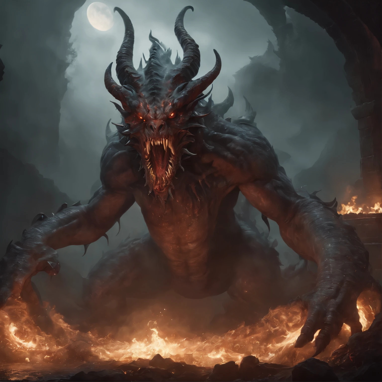 (best quality,4k,8k,highres,masterpiece:1.2),ultra-detailed,(realistic,photorealistic,photo-realistic:1.37),cosmic horror,terrifying gargantuan demon summoned from a magic square,deformed head with twisted horns,incredible number of enormous fangs,sharp and elongated claws,long tail,dreadful figure enveloped in blue flames,dark and eerie atmosphere,intense otherworldly presence,flickering ethereal glow,mythical and menacing aura,tentacles writhing and coiling ominously,ominous shadows looming in the background,powerful and malignant entity emerging from a portal of darkness,sinister and surreal alternate dimension,overwhelming sense of dread and fear,unsettling and disturbing composition,extremely detailed and intricate artwork,nightmarish and grotesque appearance,eerie and piercing gaze,ominous and predatory posture,outlandish and contorted anatomy,demonic energy pulsating from every fiber,ominous whispers echoing in the air,hypnotic and disorienting visual effects,dark and foreboding color palette,dynamic and dramatic lighting effects,ominous and mysterious ambience,ethereal and haunting presence,evoking deep-seated unease and terror,fantastical and monstrous abomination.