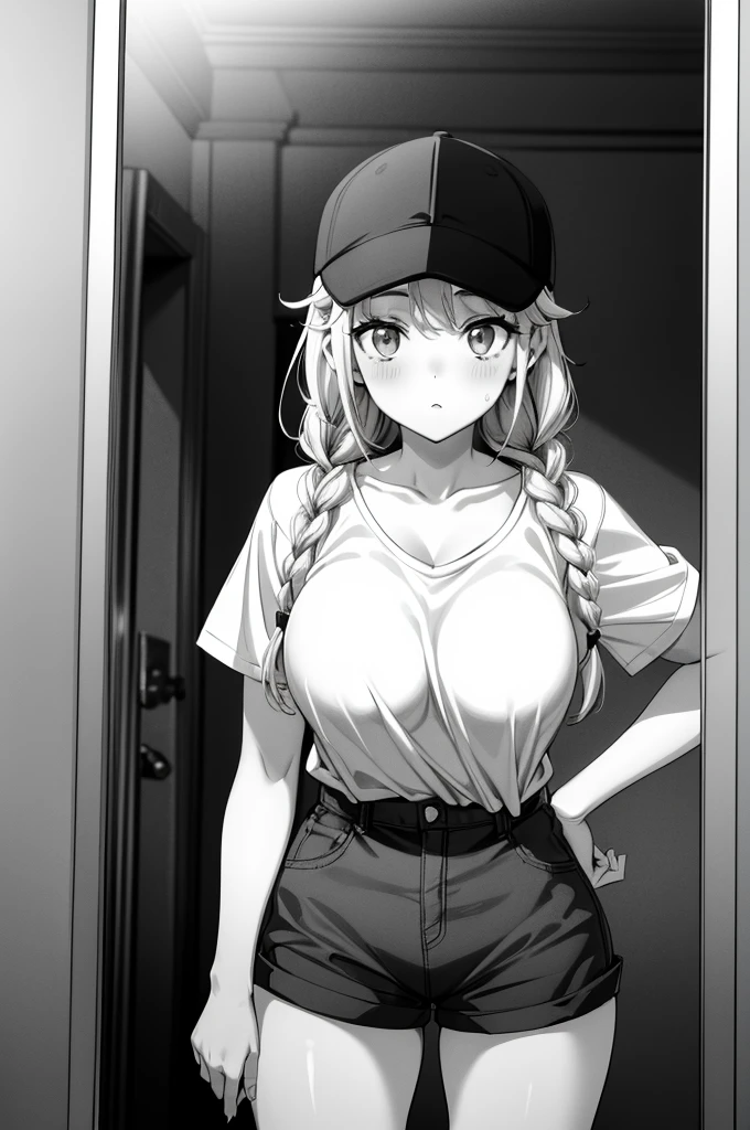 (((grayscale))a pretty young girl in shorts and a cap on, posing in front of a mirror, 1girl, solo, shorts, breasts, monochrome, twin braids, greyscale, braid, shirt, looking at viewer, short sleeves, large breasts, hat, collarbone, long hair, blush, shirt tucked in