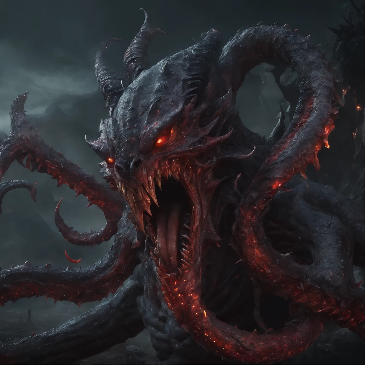 (best quality,4k,8k,highres,masterpiece:1.2),ultra-detailed,(realistic,photorealistic,photo-realistic:1.37),cosmic horror,terrifying gargantuan demon summoned from a magic square,deformed head with twisted horns,incredible number of enormous fangs,sharp and elongated claws,long tail,dreadful figure enveloped in blue flames,dark and eerie atmosphere,intense otherworldly presence,flickering ethereal glow,mythical and menacing aura,tentacles writhing and coiling ominously,ominous shadows looming in the background,powerful and malignant entity emerging from a portal of darkness,sinister and surreal alternate dimension,overwhelming sense of dread and fear,unsettling and disturbing composition,extremely detailed and intricate artwork,nightmarish and grotesque appearance,eerie and piercing gaze,ominous and predatory posture,outlandish and contorted anatomy,demonic energy pulsating from every fiber,ominous whispers echoing in the air,hypnotic and disorienting visual effects,dark and foreboding color palette,dynamic and dramatic lighting effects,ominous and mysterious ambience,ethereal and haunting presence,evoking deep-seated unease and terror,fantastical and monstrous abomination.