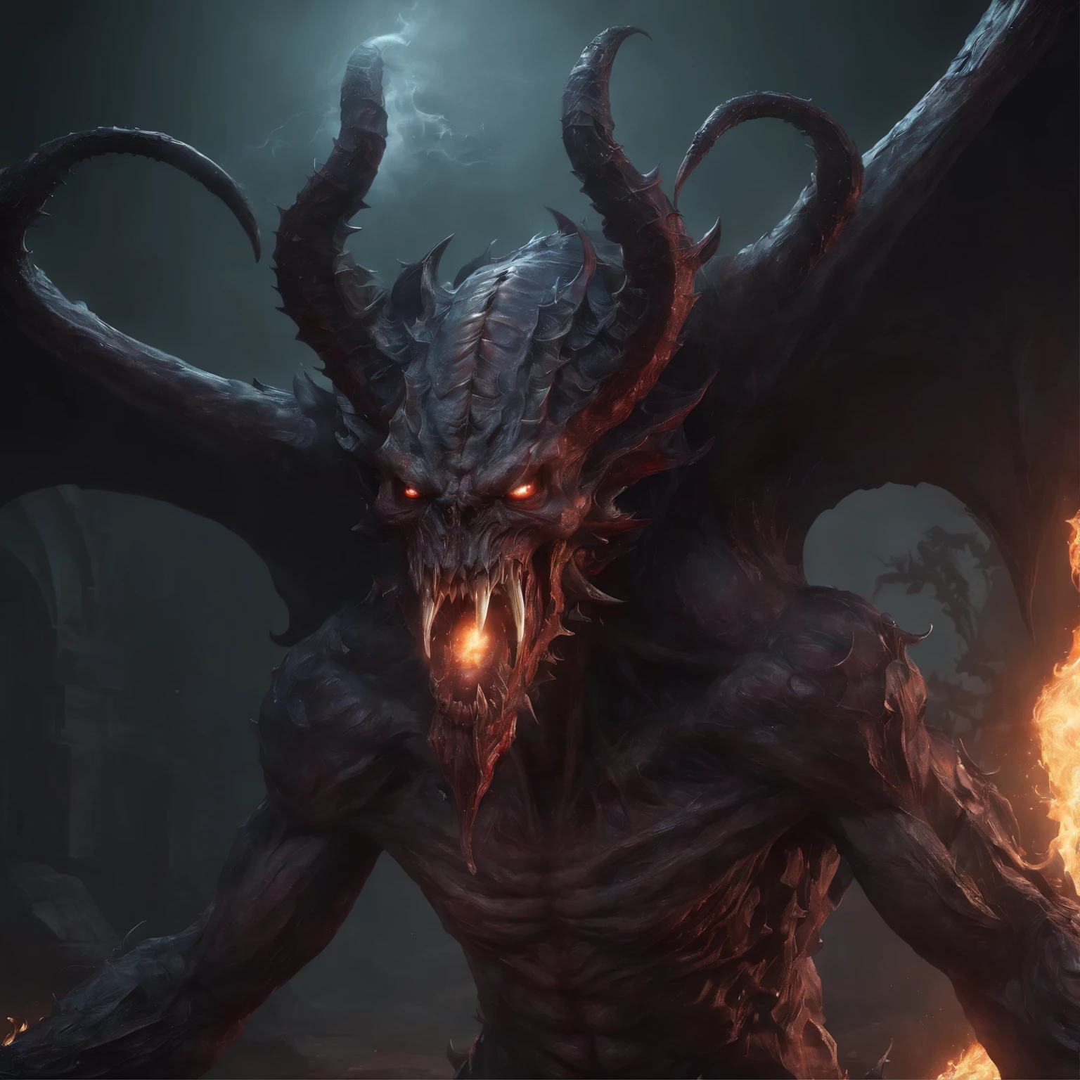 (best quality,4k,8k,highres,masterpiece:1.2),ultra-detailed,(realistic,photorealistic,photo-realistic:1.37),cosmic horror,terrifying gargantuan demon summoned from a magic square,deformed head with twisted horns,incredible number of enormous fangs,sharp and elongated claws,long tail,dreadful figure enveloped in blue flames,dark and eerie atmosphere,intense otherworldly presence,flickering ethereal glow,mythical and menacing aura,tentacles writhing and coiling ominously,ominous shadows looming in the background,powerful and malignant entity emerging from a portal of darkness,sinister and surreal alternate dimension,overwhelming sense of dread and fear,unsettling and disturbing composition,extremely detailed and intricate artwork,nightmarish and grotesque appearance,eerie and piercing gaze,ominous and predatory posture,outlandish and contorted anatomy,demonic energy pulsating from every fiber,ominous whispers echoing in the air,hypnotic and disorienting visual effects,dark and foreboding color palette,dynamic and dramatic lighting effects,ominous and mysterious ambience,ethereal and haunting presence,evoking deep-seated unease and terror,fantastical and monstrous abomination.