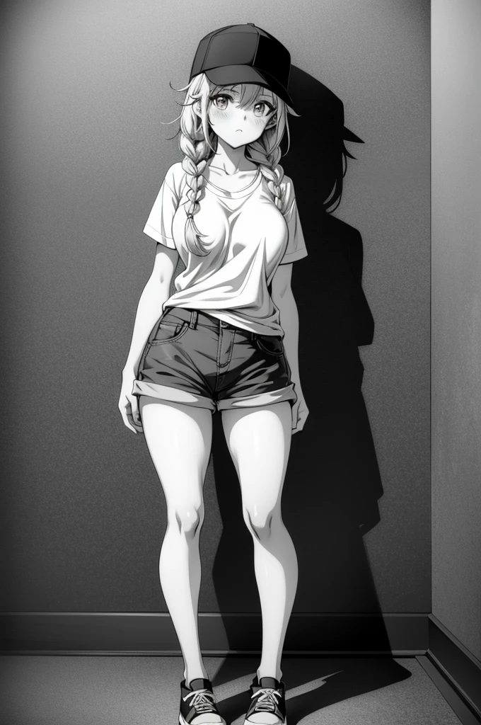 a cartoon girl is standing on her tip toes and pulling a hat on, 1girl, monochrome, greyscale, hat, shorts, breasts, solo, baseball cap, shirt, large breasts, looking at viewer, short sleeves, blush, braid, short shorts, collarbone, twin braids, long hair