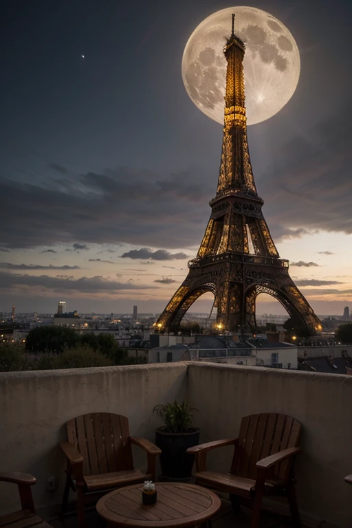 por una gran ventana se observa la torre Eiffel, with the full moon on the horizon and an amahaca in the room