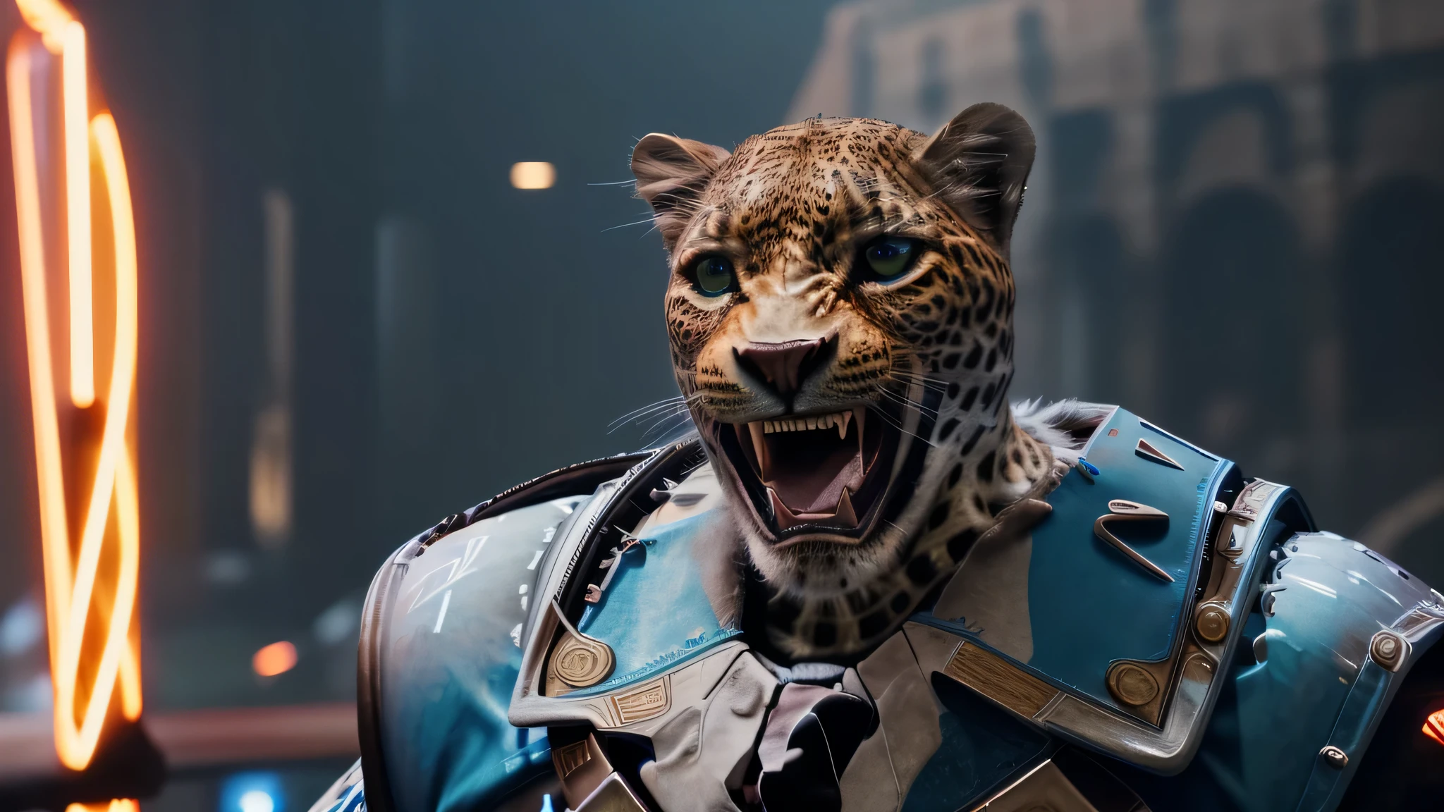 there is a man with a leopard mask and a blue glove, neon lights, (RTX) cinematic film shot in 70mm, depth of field, vivid colors, (best quality,ultra-detalhado,Realistic:1.37), (8k, ARTISTIC photography, best quality, masterpiece: 1.2), (realistic, photorealistic: 1.37), over-detailed, (high-detail skin: 1.2), 8k UHD, SLR camera, soft lighting, high quality, film grain, cinematic lighting, photonic display, brightness, physically rendered photo, (dynamic pose ), extremely high-quality graphics, over-detailed face, (((cinematic lighting))), ((clear details)), ((colosseum)), screaming,