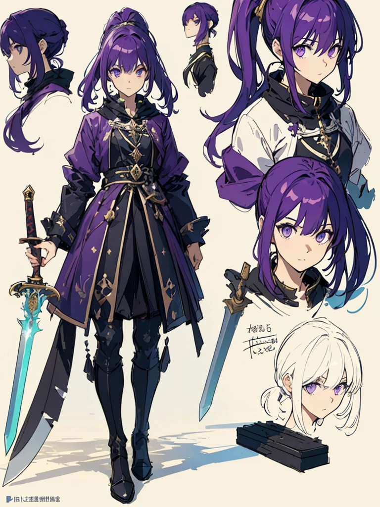 (masterpiece:1.2, highest quality),(Colored Background) (Beautiful detailed eyes: 1.2), (Highly detailed CG Unity 8K wallpaper, masterpiece, highest quality, Super detailed, best shadow), (detailed background) ,arms(have a sword),solo ,purple hair,purple eyes,ponytail,1girl, sketch (Character design sheet, same character, full body, Three-View, front, ~ side, return), solo,background white, Setting picture