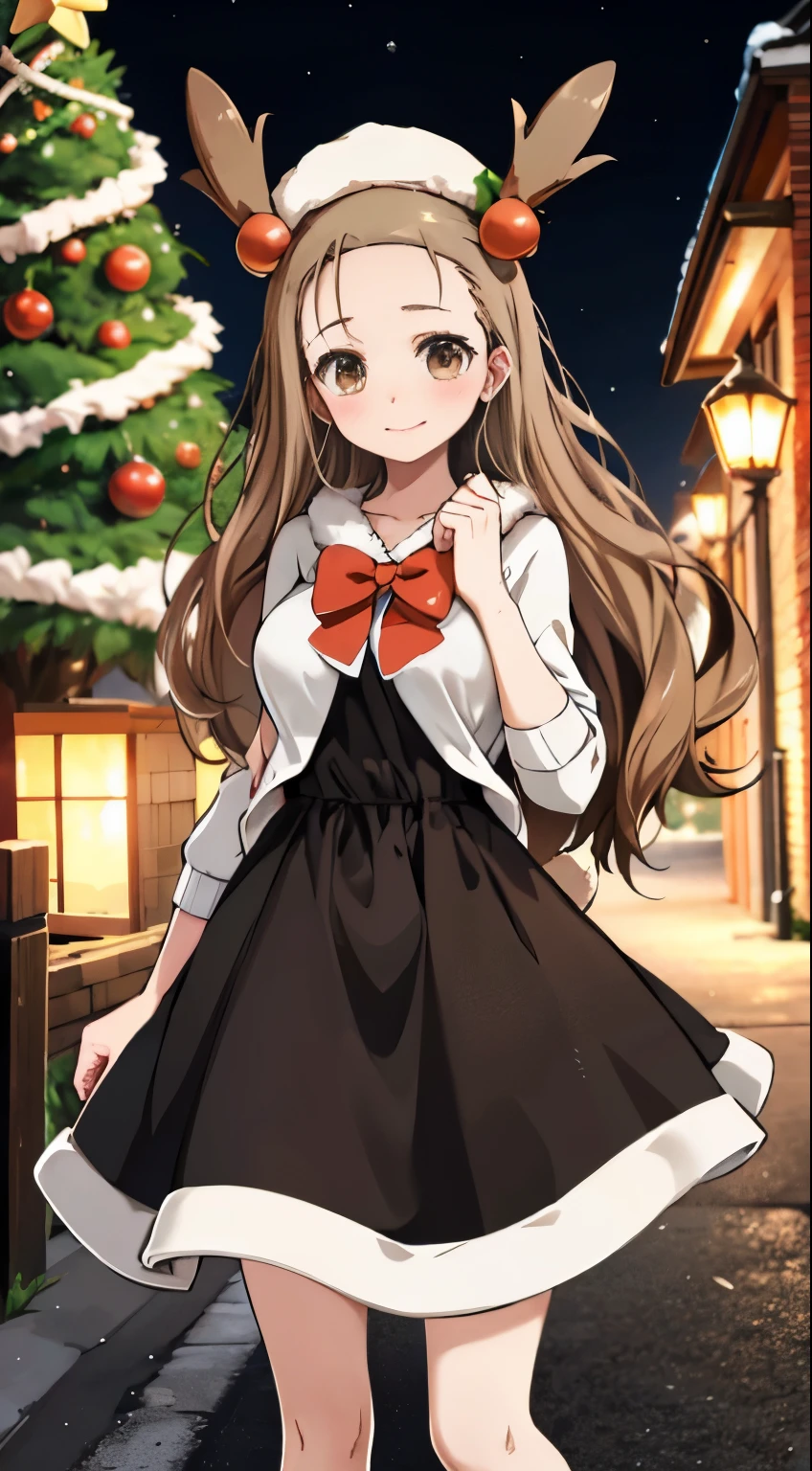 brown hair，Brown eyes，long hair，，Christmas hat，Christmas costumes，Outdoor Background，big breasts，snow，Electric light，blush，Ami（Pokémon），Smile