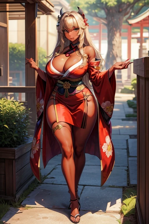 (masterpiece), best quality, expressive eyes, perfect face, (Japan garden background), (standing), (smirk), (1girl, asian, geisha, kuro gyaru, dark skin asian, dark skin, tan skin asian, tan skin, tan, blonde hair, geisha hairstyle, hair bangs, green eyes, asian eyes, hourglass figure, skinny body, petite_body, short height, large breasts, huge breasts, oppai, thick legs, long fingernails, exposed cleavage, red kimono, heels),