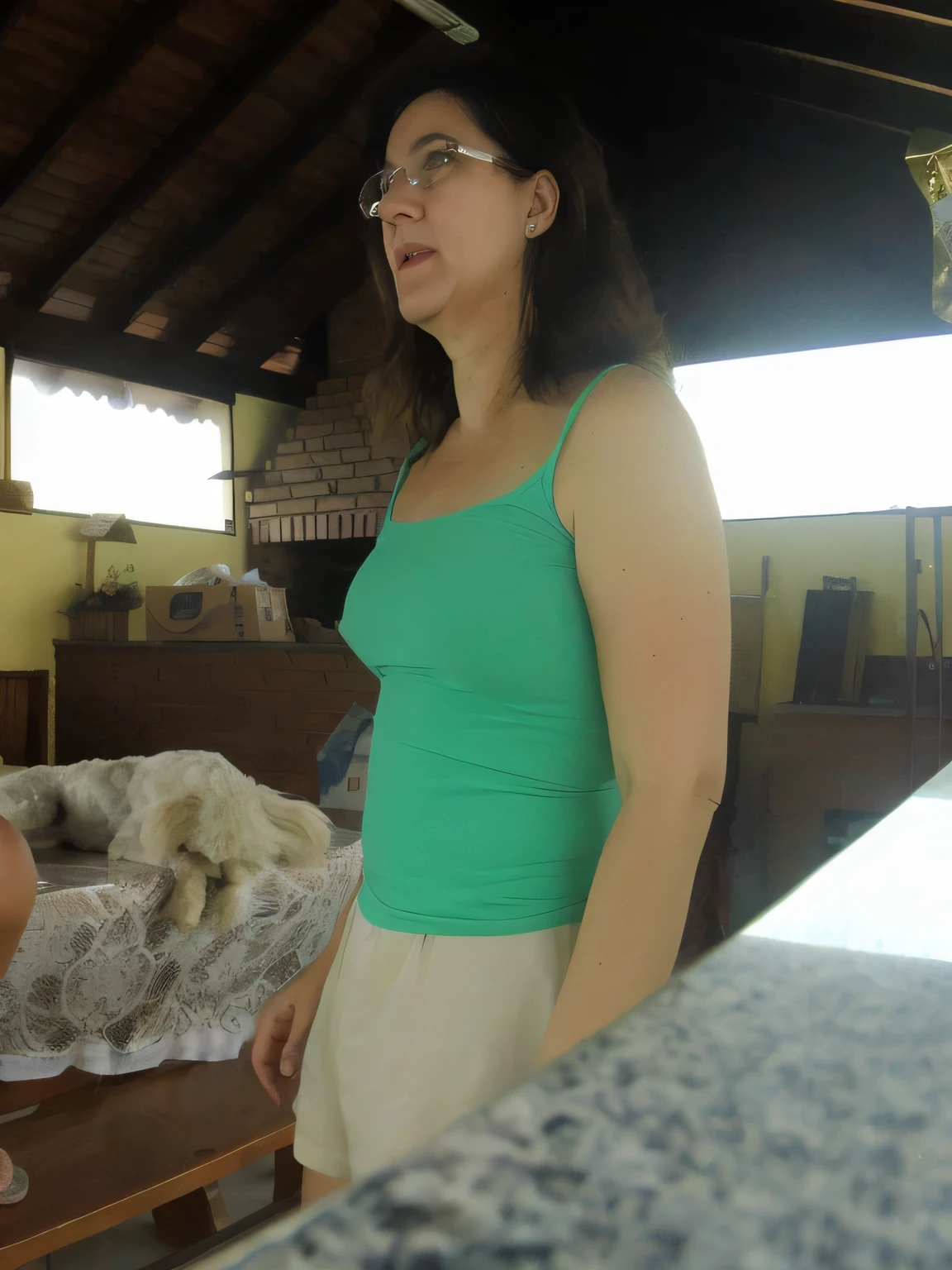 there is a woman standing on a balcony with a dog, wearing a green blouse, from the side, side photo, side portrait, wearing a tight t-shirt, mid-rise raised, side photo, tight shirt, waist photo, from the outside, half-length photo , half-body photo, pillar, half-body close-up, looking from the side!, extremely sexy woman, sexy pose, 8K, NFSW. Masterpiece, best quality, (best quality), (8k CG unity wallpaper, realistic lighting, extremely detailed), (best quality), (best illustration), (best shadow), absurdities, realistic lighting, (Abyss ), beautiful detailed shine. Best quality, high resolution, Masterpiece: 1.3, High resolution (photographically realistic). She is around 35 years old, a woman in good physical condition.
