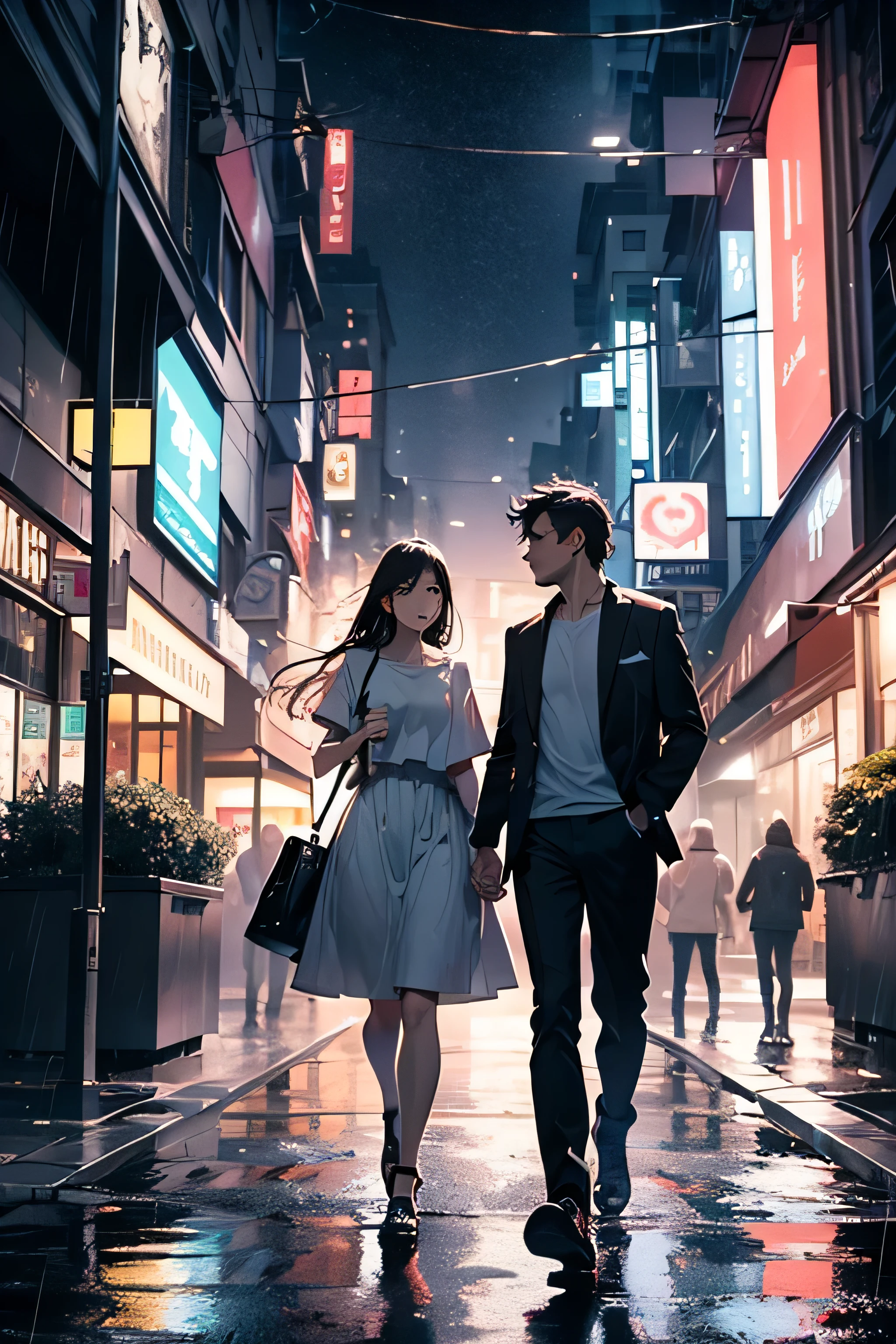 In a bustling cityscape,a man and woman in simple attire stands drenched in the rain,they are holding burflower in hand, and surreal geometric shapes, their love a beacon of serenity in the chaos of urban life,drenched, wearing t shirt,ethereal,surreal view,cityscape, sidewalk,
Romantic,city environment