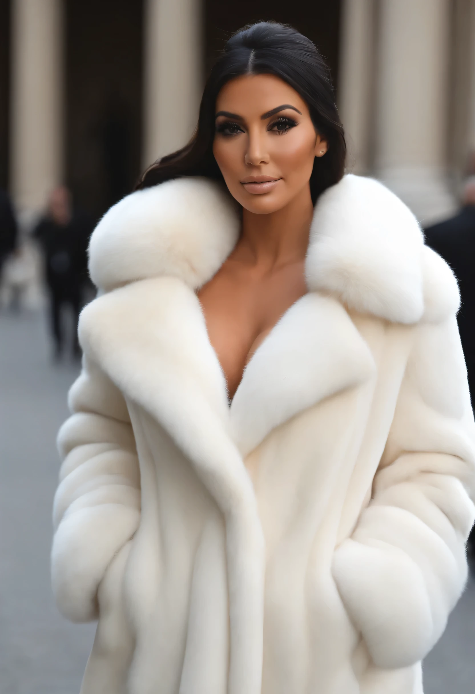 A very wide and very thick, manteau de fourrure extra court, en vison blanc, fifty centimeters thick, duveteux, naturel, with an ultra thick white mink fur collar, three layers, sur Kim Kardashian, fully nude profile view, bare shoulders, and two large breast discovered by the fur, at sunny Pebble Beach golf