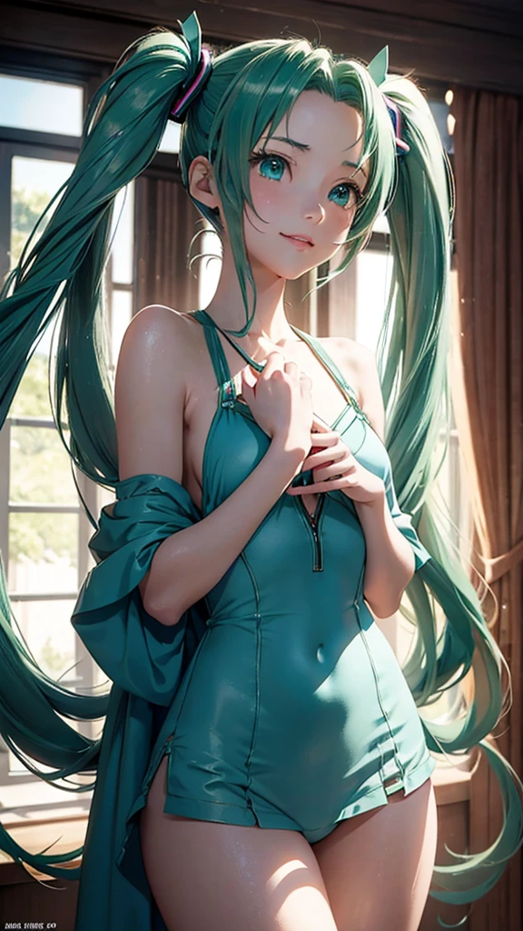 Super detailed, NSFW, masterpiece, High resolution, Photorealistic digital art, perfect lighting, (((1 girl, perfect anatomy))), accurate right hand, accurate left hand, five fingers, perfect style, hatsune miku, 3d face, big light blue-green eyes, glossy lips, blue-green long hair, shiny skin, A relaxed smile, (((twin tails))), big square hair accessories, (Maomao), 