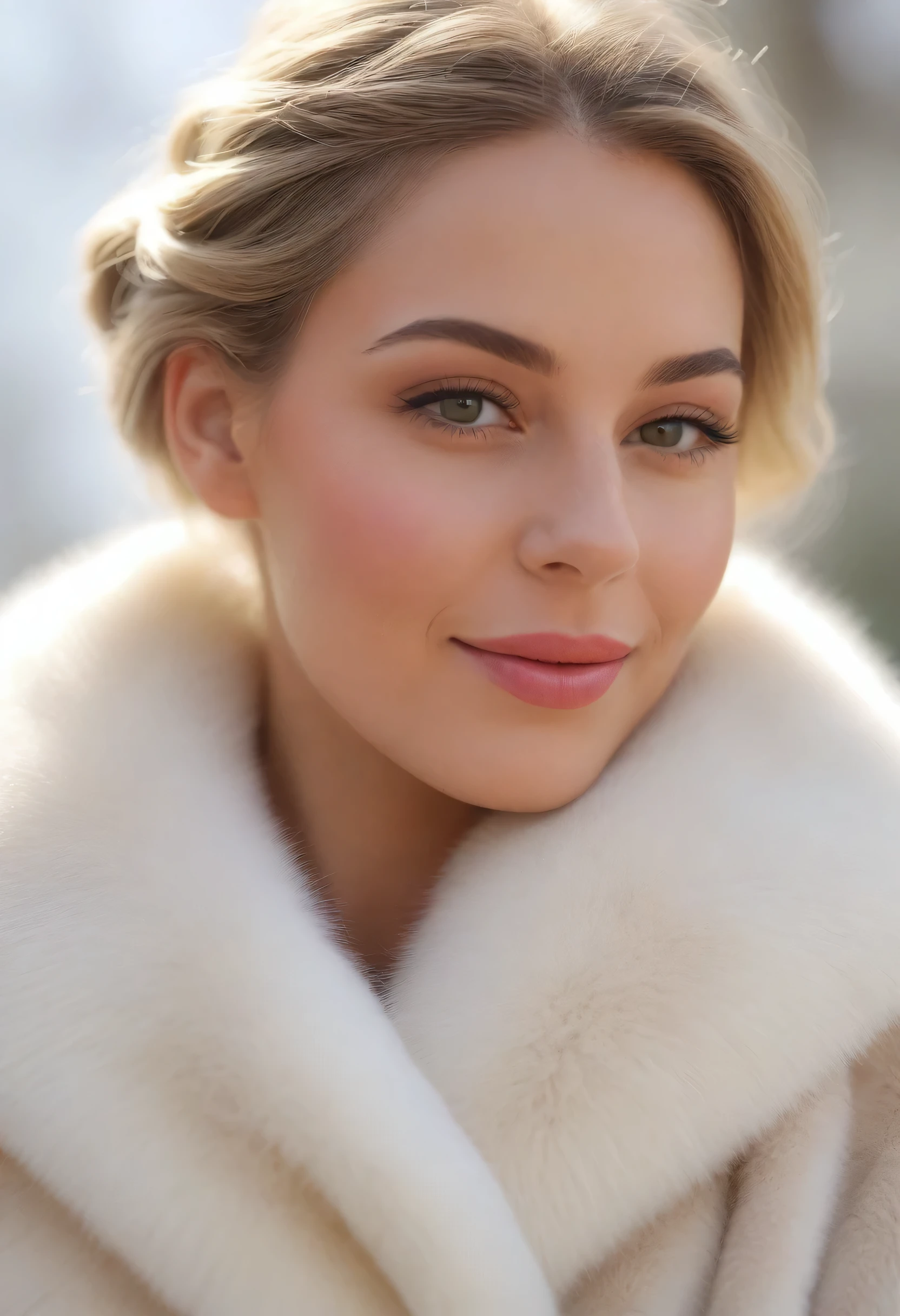 A very wide and very thick, manteau de fourrure extra long, en vison blanc, fifty centimeters thick, duveteux, naturel, with an ultra thick white mink fur collar, three layers, fully nude profile view, elle pose les mains sur les seins, bare shoulders, and two large breast discovered by the fur, at sunny chef-d&#39;artwork:1.2), Ultra-detailed, (Realistic, photo-Realistic:1.37), Portrait, Femme  scandinave, 35 ans, joufflu, "Ingrid Mueller" (tresses de cheveux blond clair), , natural lighting, ombres douces, palette de couleurs vertes, relaxed expression, braided hair, doux sourire, atmosphère paisible, feuilles de printemps,  corps naturel, pose naturelle, , humeur sereine, fond harmonieux, high resolution, detailed eyes, joues roses, happy  photoRealistic, ,  best quality, 4k, 8K, haute résolution vue du corps trois quart