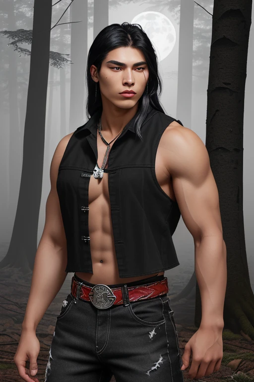 20-year-old Native American man, green eyes, black hair, sleeveless shirt, muscular build, black and red vest, black denim pants, wolf print in a forest background with fog, silver moon buckle, black belt