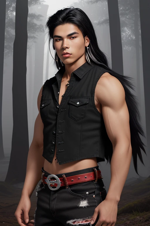 20-year-old Native American man, green eyes, black hair, sleeveless shirt, muscular build, black and red vest, black denim pants, wolf print in a forest background with fog, silver moon buckle, black belt