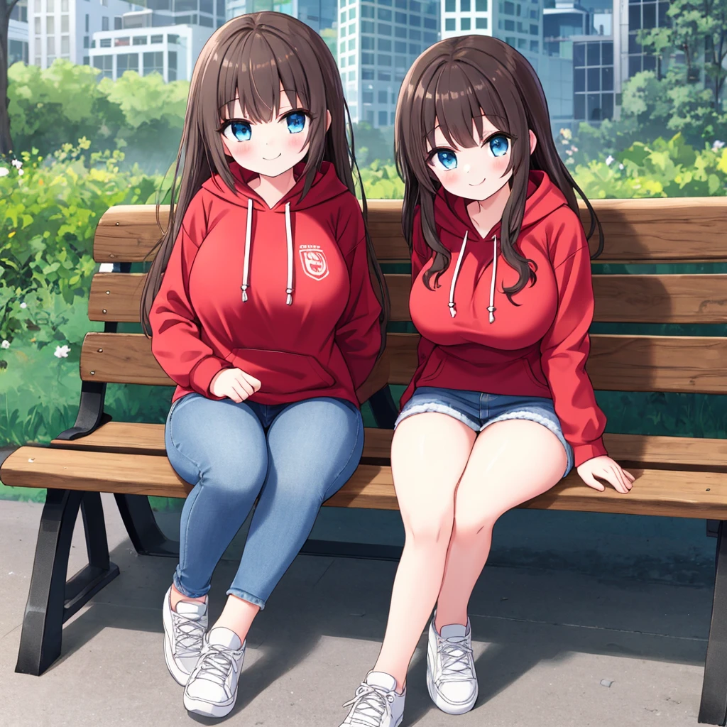 A Cute Girl, Long Dark-Brunette hair, Beautiful Blue eyes, ultra Busty, wide hips, and is very short. Wearing an old Red Hoodie, worn Dark-Blue Jeans, and Grey Sneakers. Sitting alone on a wooden bench in a Park, in a big city. With a cute little smile, (Best Quality), (Best Resolution), (Perfect Lighting), (Perfect Shadows), (Perfect Texturing),