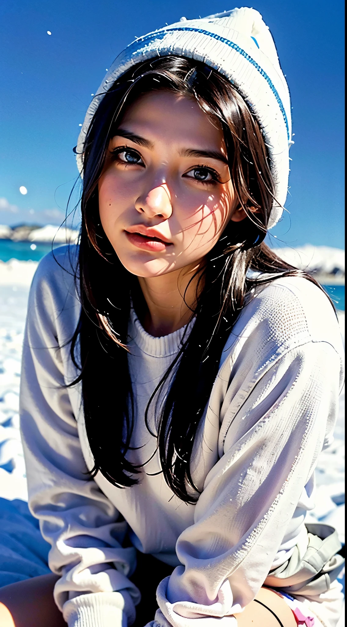 (Beautiful 18 year old ebony nude woman), (montanha alpina, neve, Pedregulhos), (jaqueta grande, fleece sweatshirt, wool hat, protetores de ouvido), aquecedores de perna, botas de neve, (ereto), ((Melhor qualidade)), ((mesa)), (detalhado), realista, absurdo, 8k HD, High definition, ultra-detalhado, textura de alta qualidade, detalhes intrincados, detalhado texture, finamente detalhado, alto detalhamento, extremamente detalhes CG, Sombra de alta qualidade, (reflexo de lente, raios de sol, Deus), (Linda garota latina, misto africano), (seios enormes), (olhos azuis brilhantes), (Cabelo azul-claro), (retrato do busto), inchados, Light particles of snow floating, obra-prima, maximum quality, alta qualidade, high resolution