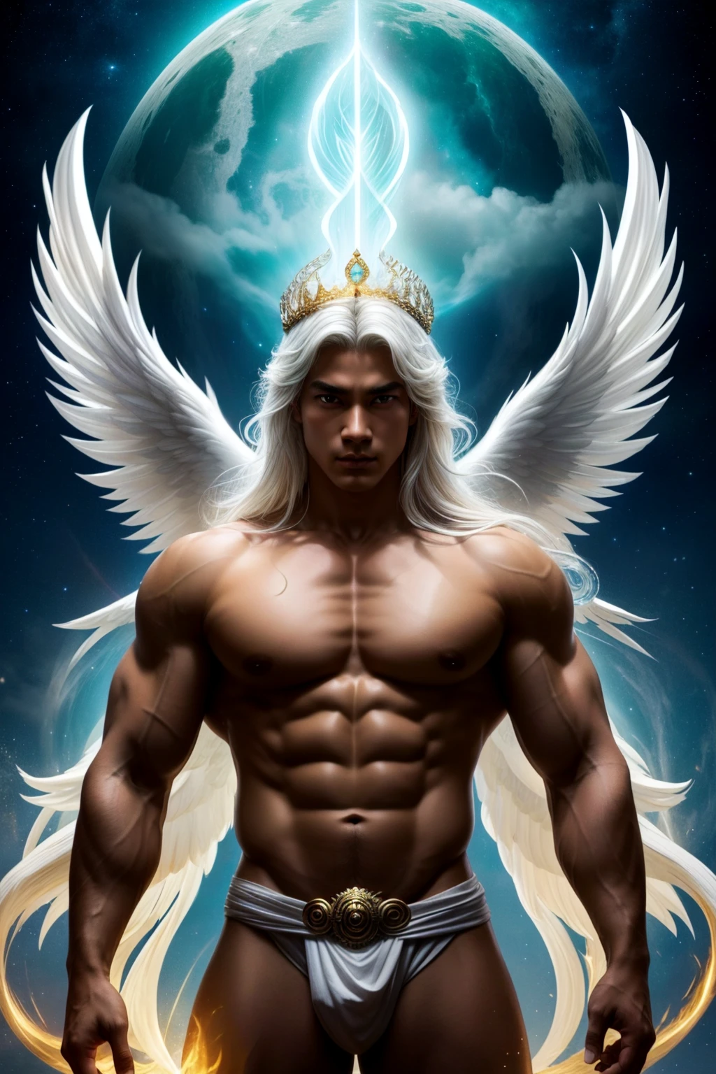 a legendary young angel, asian male model, muscular, handsome, shirtless, double eyelids, big light areola, short hair, heaty white skin, blessed with the spirit of the White Bengal Tiger. This celestial being manifests as a mighty and imposing figure, radiating an aura of raw masculine power. With a chiseled physique and a presence that commands attention, he embodies the perfect union of divine grace and untamed strength. The angel's muscular form exudes an air of untamed prowess, his every sinew rippling with power. His broad shoulders, sculpted chest, and well-defined muscles speak of his formidable physicality and unmatched resilience. Each movement he makes is infused with a captivating blend of elegance and force, a testament to his celestial origin and his connection to the majestic White Bengal Tiger. Upon his head rests a crown, a symbol of his celestial dominion. Carved from ivory-white jade, the crown features intricate motifs inspired by tiger claws and regal motifs representing his power and authority. Embedded within the crown, a radiant gemstone glows with an otherworldly luminescence, reflecting the boundless energy and primal essence of the White Bengal Tiger. The angel's countenance is a mesmerizing blend of serenity and fierceness. His piercing eyes, the color of molten gold, exude an otherworldly wisdom and a burning intensity that hints at his indomitable spirit. A flowing mane of lustrous white hair cascades down his back, its ethereal strands imbued with a soft radiance that echoes the moonlit glow. He stands as a guardian and protector, embodying the untamed spirit of the wild, and offering solace and guidance to those who seek his celestial light.