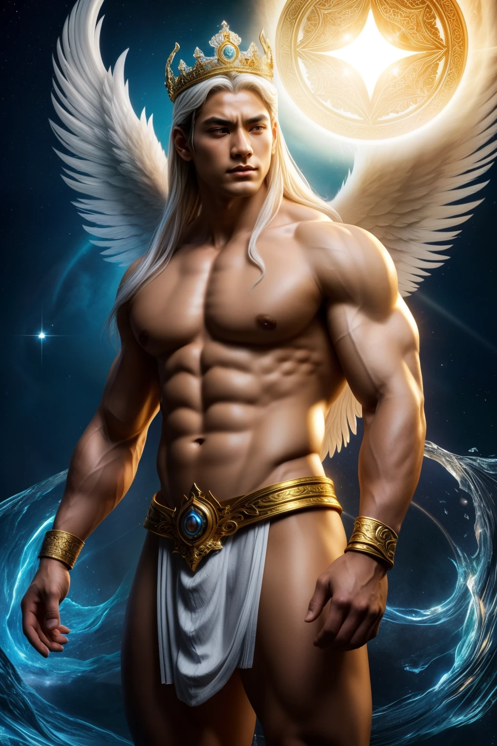 a legendary young angel, asian male model, muscular, handsome, shirtless, double eyelids, big light areola, short hair, heaty white skin, blessed with the spirit of the White Bengal Tiger. This celestial being manifests as a mighty and imposing figure, radiating an aura of raw masculine power. With a chiseled physique and a presence that commands attention, he embodies the perfect union of divine grace and untamed strength. The angel's muscular form exudes an air of untamed prowess, his every sinew rippling with power. His broad shoulders, sculpted chest, and well-defined muscles speak of his formidable physicality and unmatched resilience. Each movement he makes is infused with a captivating blend of elegance and force, a testament to his celestial origin and his connection to the majestic White Bengal Tiger. Upon his head rests a crown, a symbol of his celestial dominion. Carved from ivory-white jade, the crown features intricate motifs inspired by tiger claws and regal motifs representing his power and authority. Embedded within the crown, a radiant gemstone glows with an otherworldly luminescence, reflecting the boundless energy and primal essence of the White Bengal Tiger. The angel's countenance is a mesmerizing blend of serenity and fierceness. His piercing eyes, the color of molten gold, exude an otherworldly wisdom and a burning intensity that hints at his indomitable spirit. A flowing mane of lustrous white hair cascades down his back, its ethereal strands imbued with a soft radiance that echoes the moonlit glow. He stands as a guardian and protector, embodying the untamed spirit of the wild, and offering solace and guidance to those who seek his celestial light.
