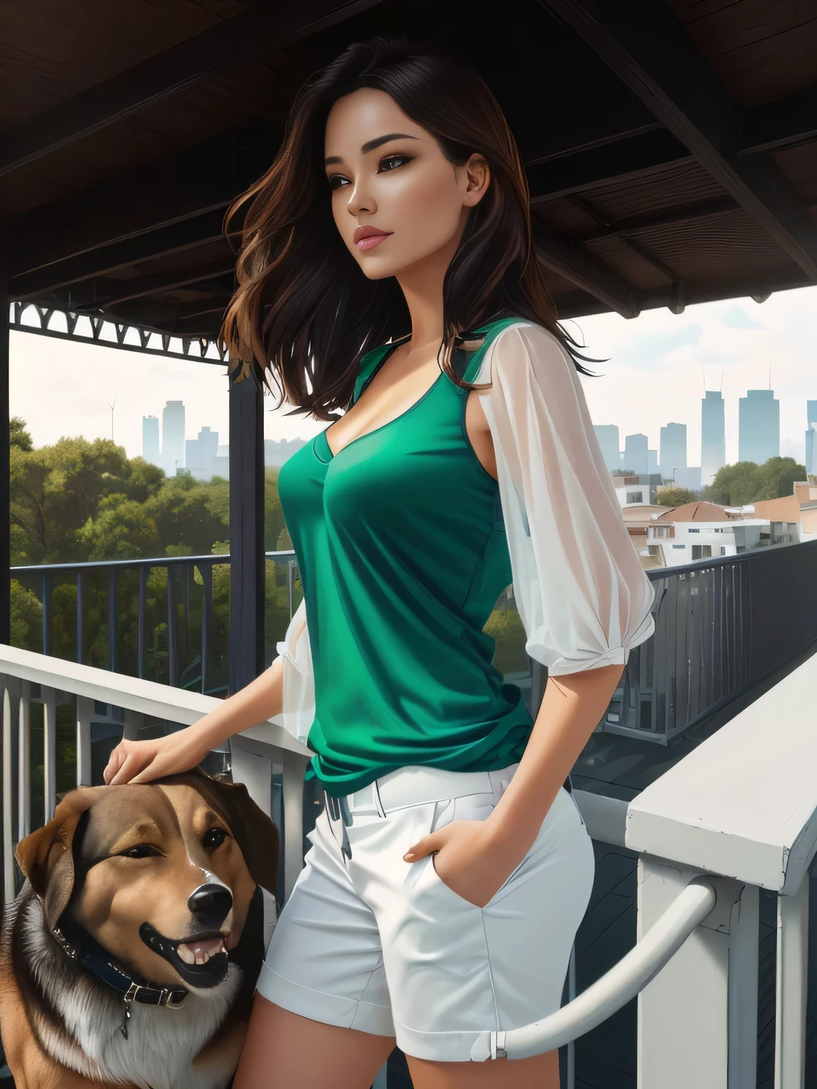 there is a woman standing on a balcony with a dog, wearing a green blouse, from the side, side photo, side portrait, wearing a tight t-shirt, mid-rise raised, side photo, tight shirt, waist photo, from the outside, half-length photo , half-body photo, pillar, half-body close-up, looking from the side!, extremely sexy woman, sexy pose, 8K, NFSW. Masterpiece, best quality, (best quality), (8k CG unity wallpaper, realistic lighting, extremely detailed), (best quality), (best illustration), (best shadow), absurdities, realistic lighting, (Abyss ), beautiful detailed shine. Best quality, high resolution, Masterpiece: 1.3, High resolution (photographically realistic). She is around 35 years old, a woman in good physical condition.