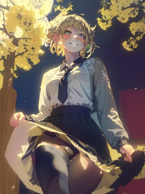 masterpiece, highest quality, anime, very detailed, 1 girl, alone, blonde、Twin buns、shyness、smile、Himiko Toga、Black Lingerie