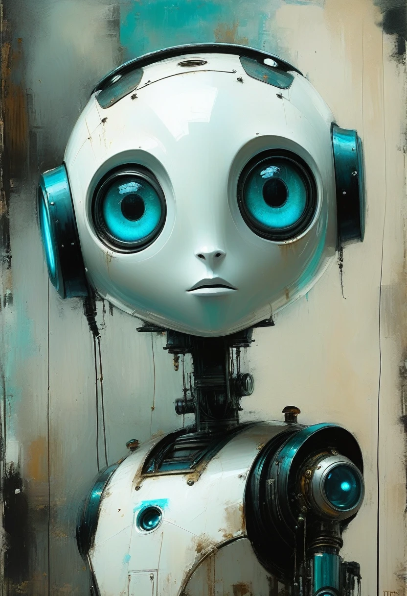 Full length view. Little funny robot, porcelain face and head, big turquoise eyes, perfect eyes, best quality. Beautiful cinematic impressionistic painting, Dark dramatic character, in the style of Jeremy Mann and Charles Dana Gibson, Mark Demsteader, Paul Hedley
