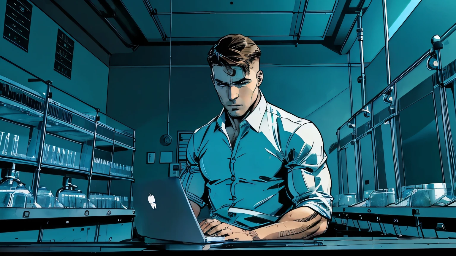 man wearing white shirt with army cut hairstyle, working on his ((laptop)) ((inside of a laboratory)), muscular man, (wide shot), (60% angle), (comic style)), blue theme