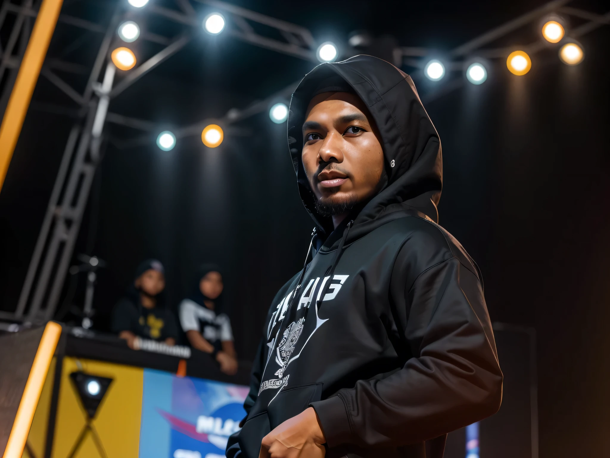 tembakan jarak jauh, full shot seorang pria tampan papua, memakai hoddie hitam dan style ala raper, berdiri dan memegang mic sambil berpose sedang bernyanyi, sangat realistis dan sangat detail.
Latar belakang sebuah panggung dan sound system.
Didepan objek tampak beberapa remaja laki-laki dan perempuan yang bersorak, serta dekorasi sebuah acara resmi.
Photo realistis, sangat realistis, sangat detail, ultraHD60k, fotografi profesional, bidikan tajam, sudut depan.