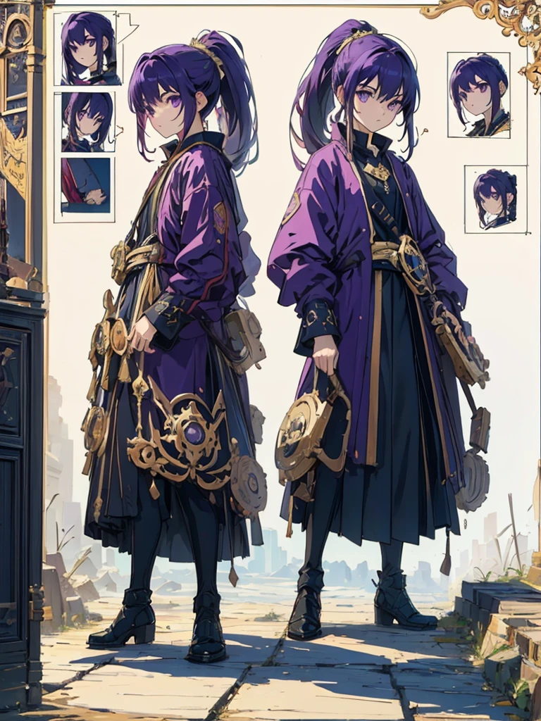 (masterpiece:1.2, highest quality),(Colored Background) (Beautiful detailed eyes: 1.2), (Highly detailed CG Unity 8K wallpaper, masterpiece, highest quality, Super detailed, best shadow), (detailed background) ,solo ,purple hair,purple eyes,ponytail,1girl, sketch (Character design sheet, same character, full body, Three-View, front, ~ side, return), solo,background white, Setting picture