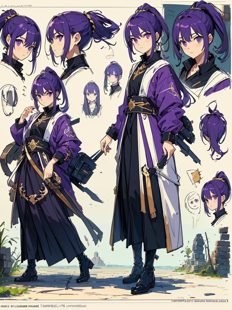 (masterpiece:1.2, highest quality),(Colored Background) (Beautiful detailed eyes: 1.2), (Highly detailed CG Unity 8K wallpaper, masterpiece, highest quality, Super detailed, best shadow), (detailed background) ,solo ,purple hair,purple eyes,ponytail,1girl, sketch (Character design sheet, same character, full body, Three-View, front, ~ side, return), solo,background white, Setting picture