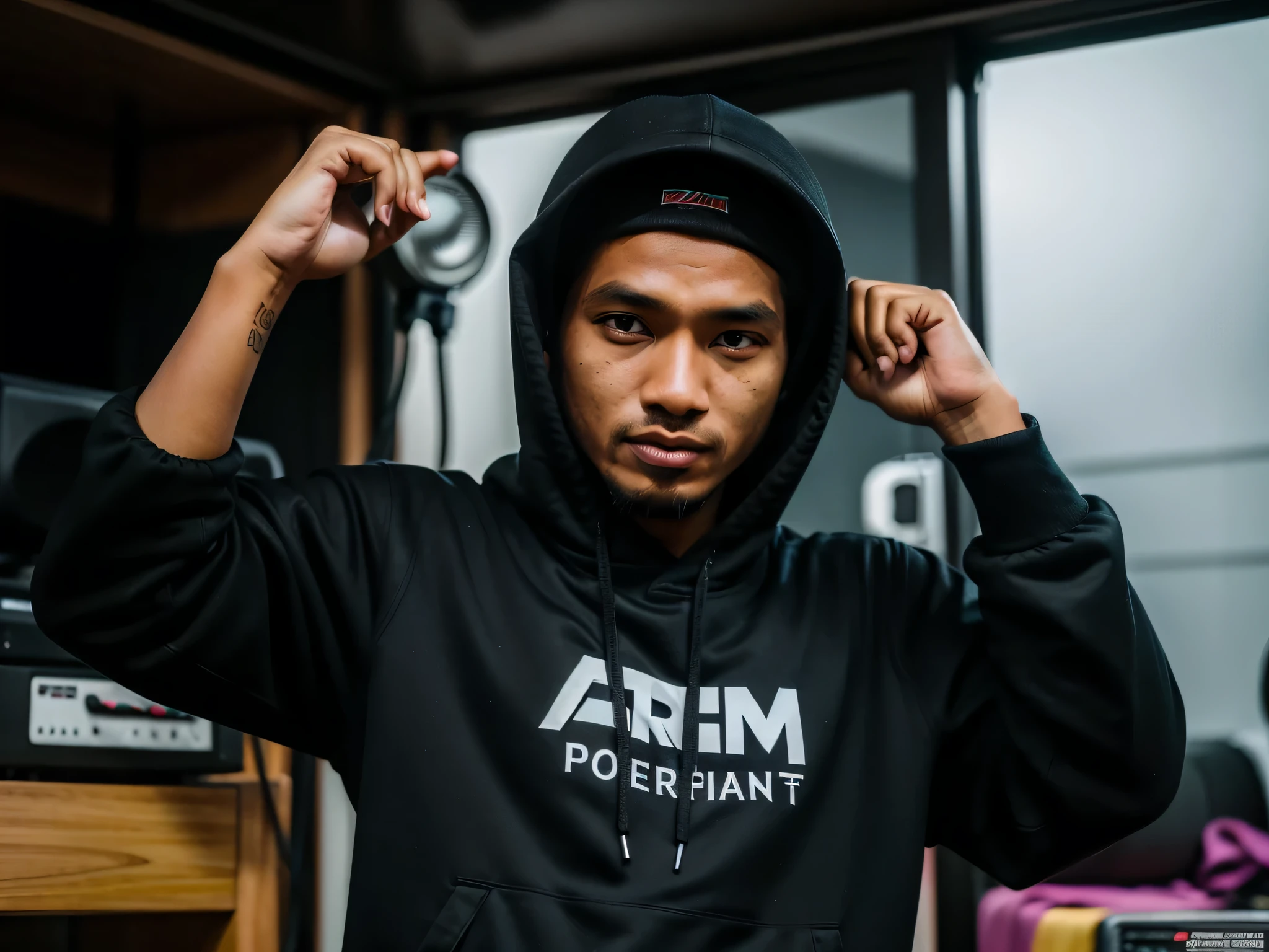 tembakan jarak jauh, full shot seorang pria tampan papua, memakai hoddie hitam dan style ala raper, berdiri dan memegang mic sambil berpose sedang bernyanyi, sangat realistis dan sangat detail.
Latar belakang sebuah panggung dan sound system.
Didepan objek tampak beberapa remaja laki-laki dan perempuan yang bersorak, serta dekorasi sebuah acara resmi.
Photo realistis, sangat realistis, sangat detail, ultraHD60k, fotografi profesional, bidikan tajam, sudut depan.