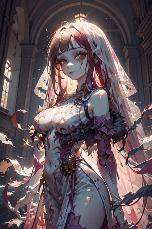 ghost, (Translucent torn skin:1.4), No humans, dress, red hair, partial fused exoskeleton, Beautiful eyes with fine symmetry, (Intricate details:1.4), (Highly detailed face and eyes:1.2), slim figure, posing for a photo, , castle, anime, fantasy, detailed background, 2D, (Highly detailed), (high resolution), (Best quality), (masterpiece)
