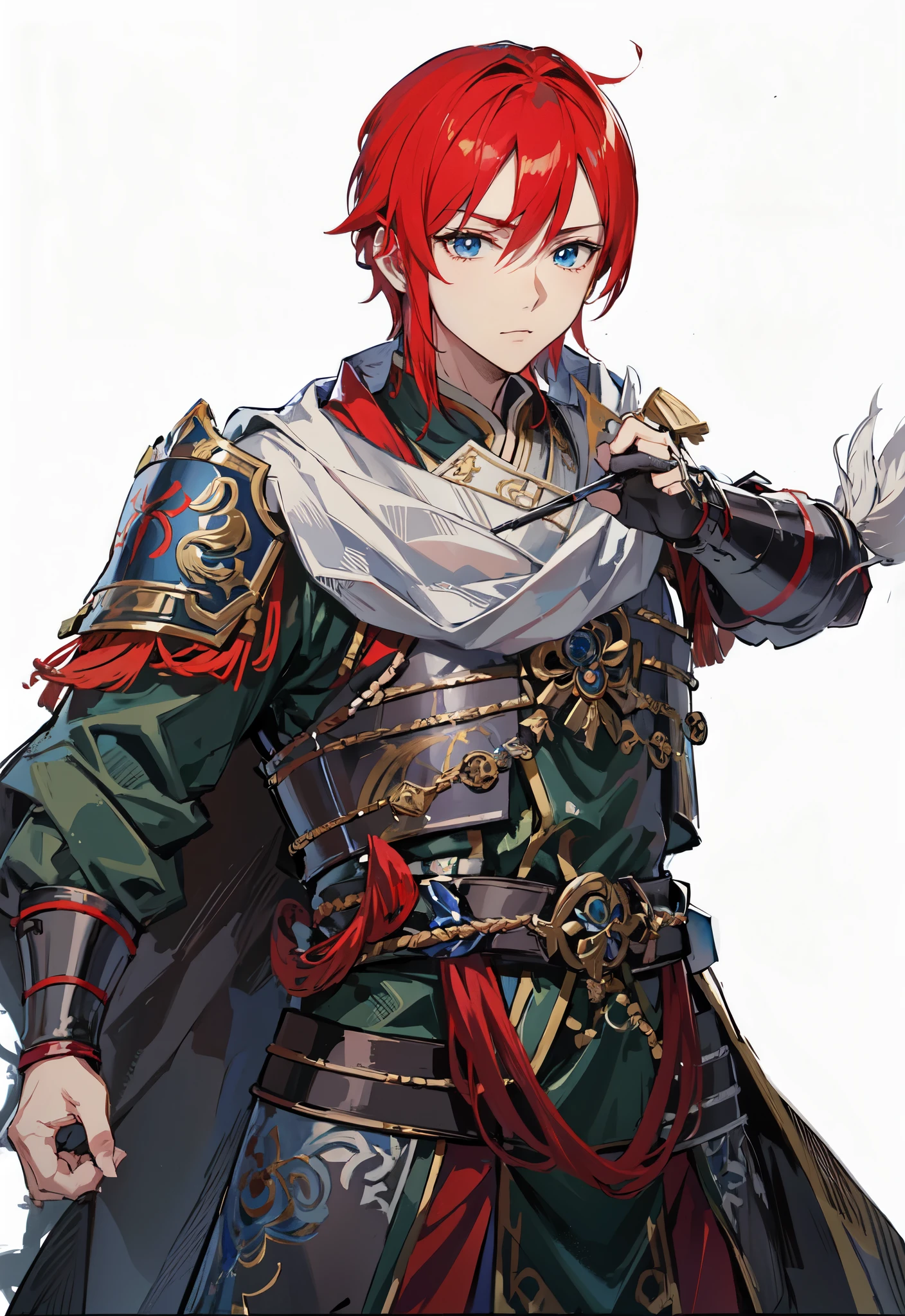 Anime character with red hair and blue eyes holding a flute, Nobutaka Ike, Beautiful androgynous prince, 《Genshin》Keqing, Inspired by Taketoshi Matsumura, Produced by Anime Painter Studio, confident expression,Mikuni志风格,Mikuni无双风格,Soma Yukihira,Zhao Yun,Ma Chao,Zhou Yu,Jiang Wei,Chinese style martial general,Mikuni,young general,Leadership temperament