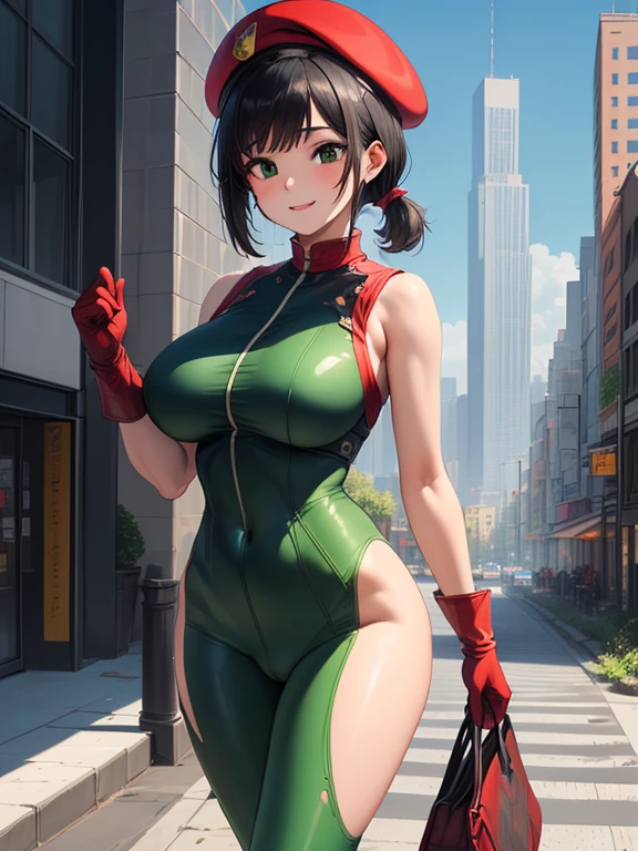 ((extremely detailed illustration)), highres, ((extremely detailed and beautiful background)), (professional illustrasion), (official art), ((Ultra-precise depiction)), ((Ultra-detailed depiction)), (beautiful:1.2 and aesthetic:1.2), beautiful detailed, intricate:1.1, nice hands, perfect hands, zentangle, 
( girl), ((kawaii)), baby ghly detailed beautiful face and eyes, big breasts, firm breasts), oily skin, ((black hair)), ((black eyes)), ((bob with (short ponytail hair))), thin pubic hair, cute lovely, (cheerful disposition), 
((simple clothes)), (((green:1.3) (highleg:1.3) bodysuit)), ((sleeveless:1.3)), (((red:1.1) combat gloves:1.1)), (combat boots:1.2), ((red beret:1.2)), ((bare legs:1.3)), 
A panoramic view from a high-rise building capturing the modern architecture, skyscrapers, bustling streets, and a network of roads with vehicles.,