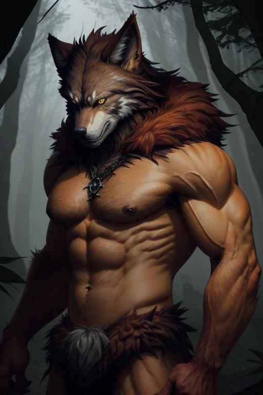 Lycanthrope with wolf head reddish brown fur all over his body muscular build sharp claws yellow eyes looking straight ahead towards the viewer in a foggy forest background 