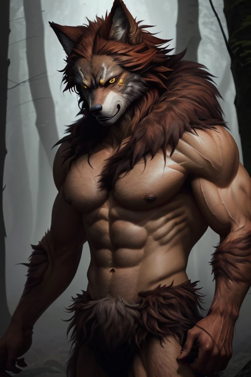 Lycanthrope with wolf head reddish brown fur all over his body muscular build sharp claws yellow eyes looking straight ahead towards the viewer in a foggy forest background 