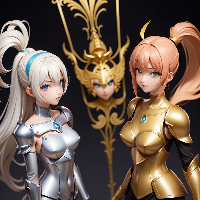 deux femmes, 25 ans, manga, cheveux longs, cheveux de couleur noir et cheveux de couleur blanche, armure d'or,  beaucoup de détails, gemini armor, saint seiya, zodiaque, cosmos, Gemini, casque avec deux visages, chevalier du zodiaque, dans un Grèce antique, temple antique, armure jumelles, jumeaux, demonic twins