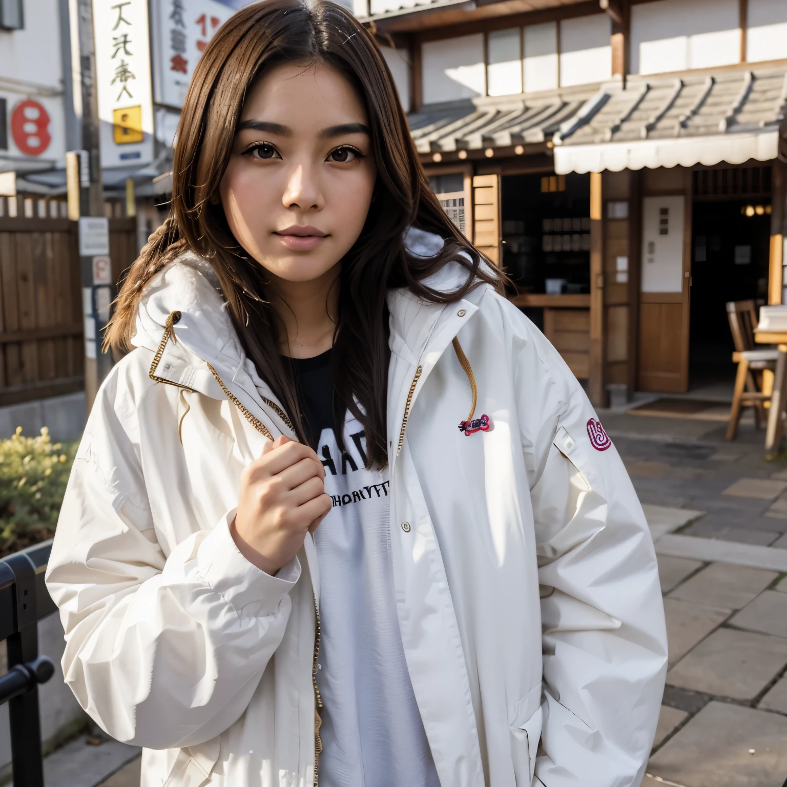Una chica japonesa con una chaqueta parka de seda con capucha y un cubrebocas blanco que la chica