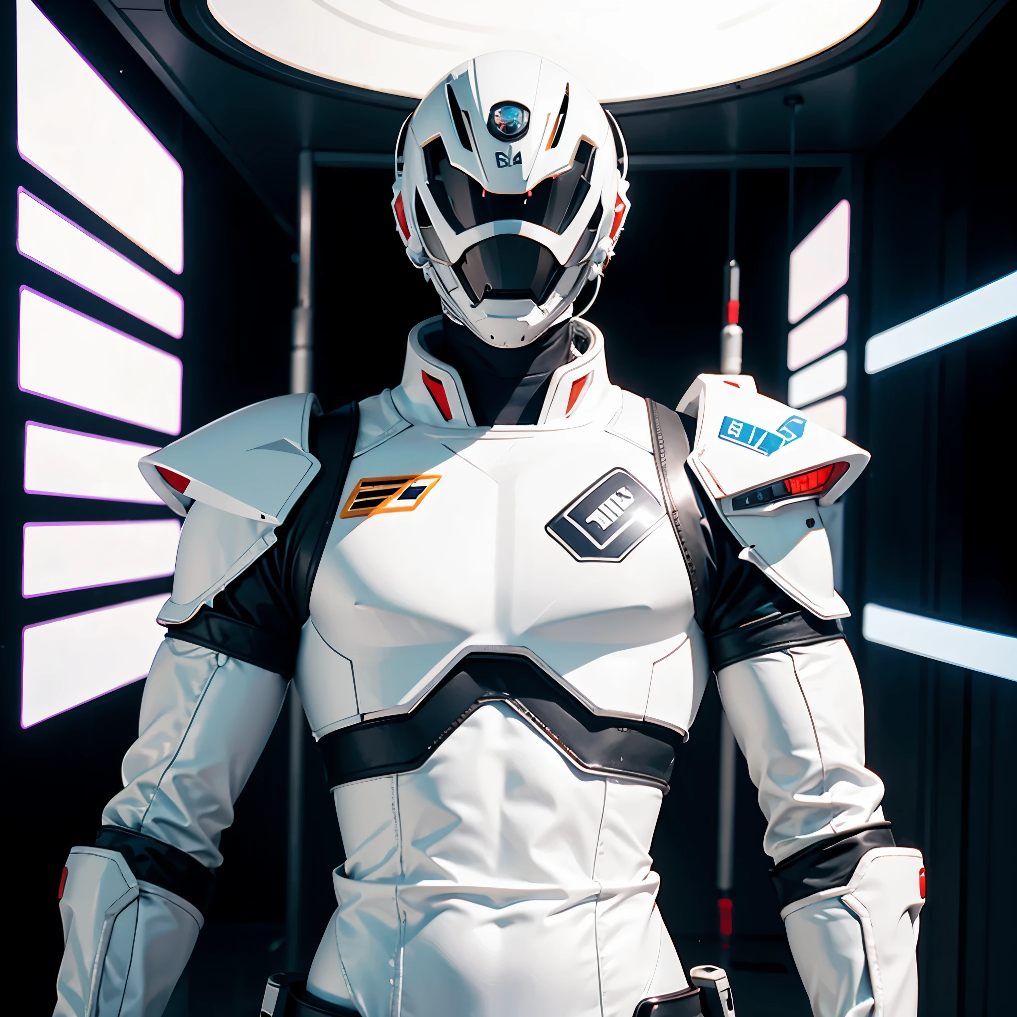 (futuristic, sci fi)Male in all white body suit, blonde hair, white gloves, full body suit, hands visible, hair visible, pale skin, beautiful face, masterpiece, white futuristic mask covering mouth, eyes visible, evil intent, weapon in hand, soldiers in background, weapon visible