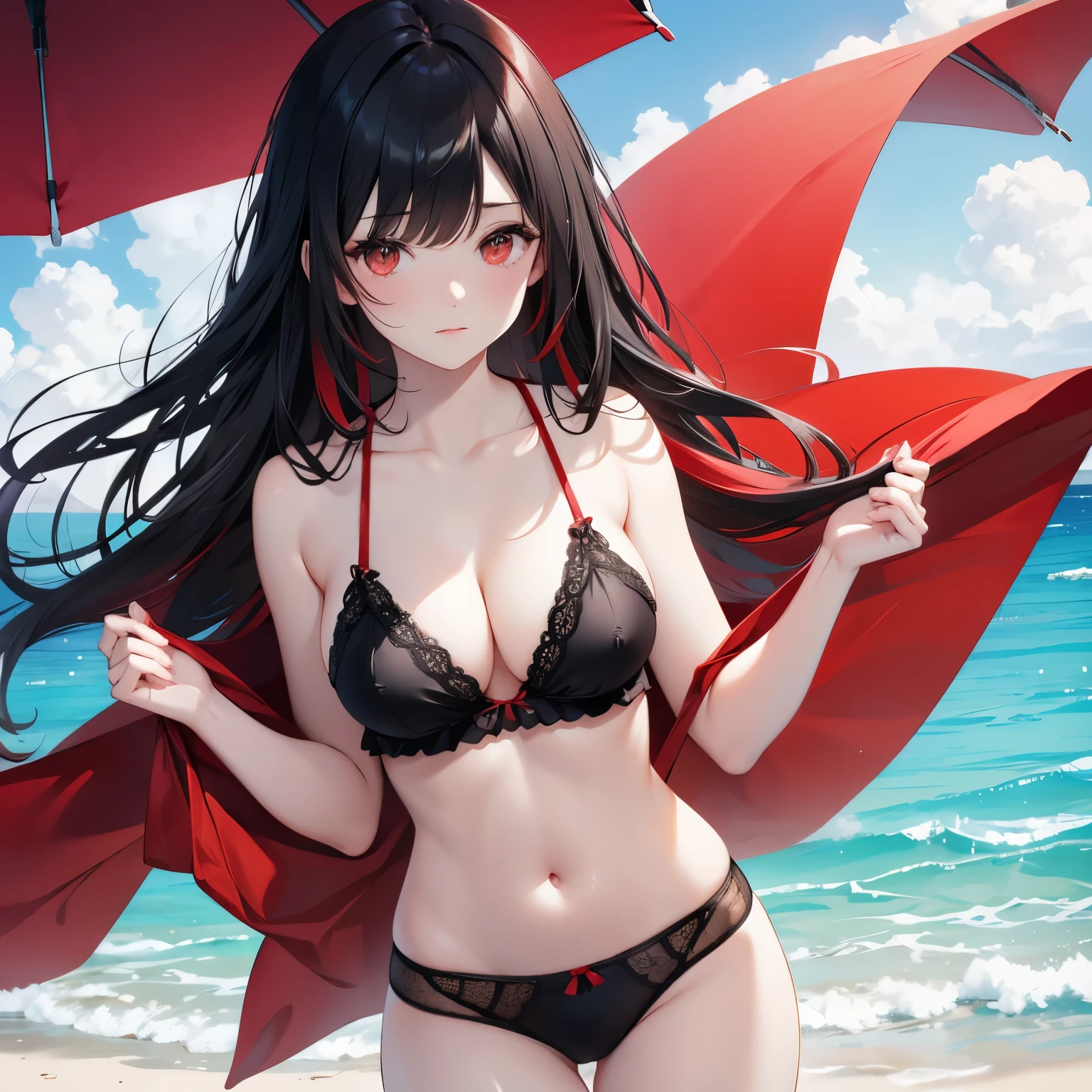 Black hair, red and black lingerie,beach
