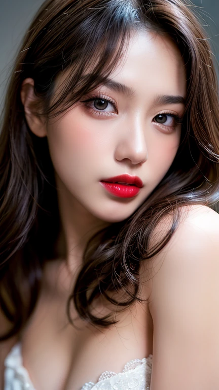 (8ก, Highest quality: 1.2), Extremely detailed, thorough resolution, (realistic, realistic photo: 1.37), Portrait, high definition RAW color photograph, professionally arrested, high definition and beautiful, high definition, 8ก Image wallpaper, Amazing details, Big file size, highly detailed beautiful girl, Extremely detailed face, Finely defined eyes, The skin has a fine texture., Every feature is meticulously displayed., The fingers were neatly outlined., The nose has a precise shape., expressive lips red lipstick , perfect anatomy, background is not blurred, one story, (20:1.2), Twenty generations, cute girl, realistic
