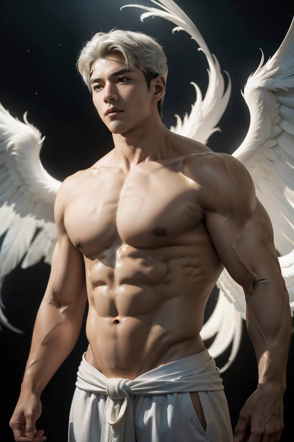 a legendary young angel, asian male model, muscular, handsome, shirtless, double eyelids, big light areola, short hair, heaty white skin, blessed with the spirit of the White Bengal Tiger. This celestial being manifests as a mighty and imposing figure, radiating an aura of raw masculine power. With a chiseled physique and a presence that commands attention, he embodies the perfect union of divine grace and untamed strength. The angel's muscular form exudes an air of untamed prowess, his every sinew rippling with power. His broad shoulders, sculpted chest, and well-defined muscles speak of his formidable physicality and unmatched resilience. Each movement he makes is infused with a captivating blend of elegance and force, a testament to his celestial origin and his connection to the majestic White Bengal Tiger. Upon his head rests a crown, a symbol of his celestial dominion. Carved from ivory-white jade, the crown features intricate motifs inspired by tiger claws and regal motifs representing his power and authority. Embedded within the crown, a radiant gemstone glows with an otherworldly luminescence, reflecting the boundless energy and primal essence of the White Bengal Tiger. The angel's countenance is a mesmerizing blend of serenity and fierceness. His piercing eyes, the color of molten gold, exude an otherworldly wisdom and a burning intensity that hints at his indomitable spirit. A flowing mane of lustrous white hair cascades down his back, its ethereal strands imbued with a soft radiance that echoes the moonlit glow. He stands as a guardian and protector, embodying the untamed spirit of the wild, and offering solace and guidance to those who seek his celestial light.