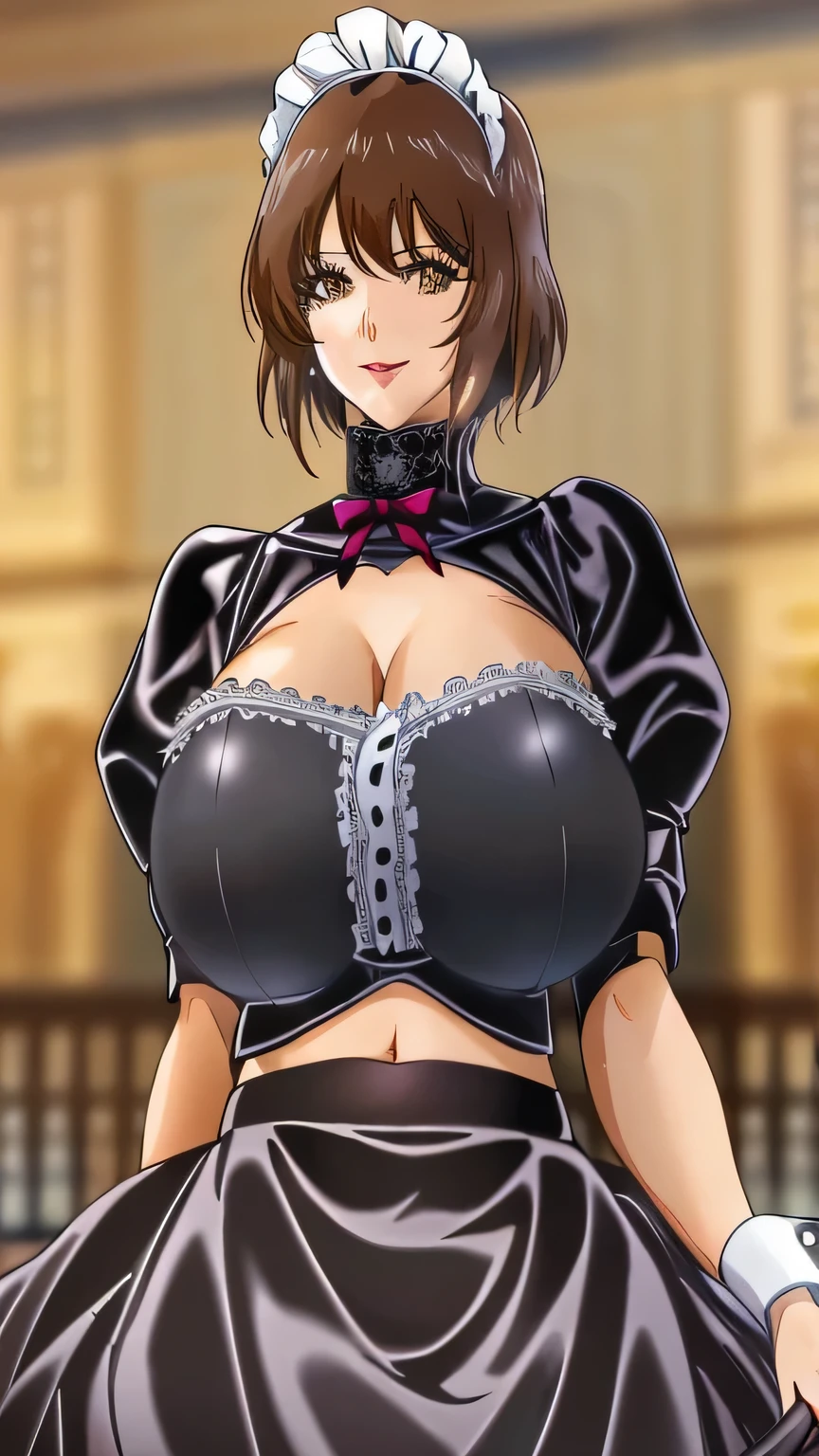 Una mujer mayor . mature, huge, big breast, dark brown hair, her light yellow eye, round, big eyelash, she dresses in a black maid top, shows her navel and dresses in a metallic black maid skirt and is happy kissing her husband