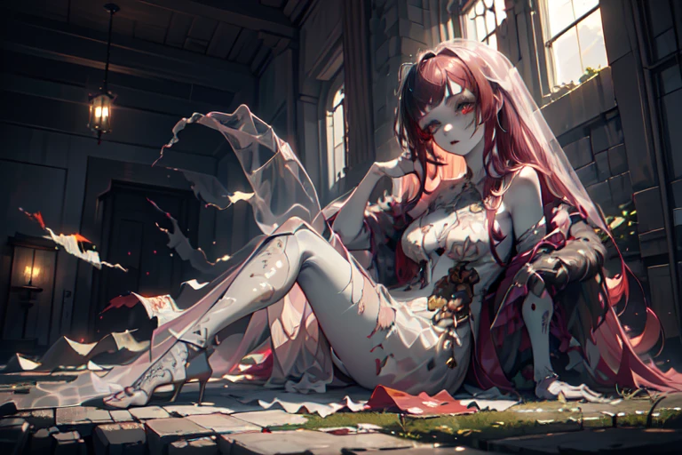 ghost, (Translucent torn skin:1.4), No humans, dress, red hair, partial fused exoskeleton, Beautiful eyes with fine symmetry, (Intricate details:1.4), (Highly detailed face and eyes:1.2), slim figure, posing sitting for a photo, , castle, anime, fantasy, detailed background, 2D, (Highly detailed), (high resolution), (Best quality), (masterpiece)
