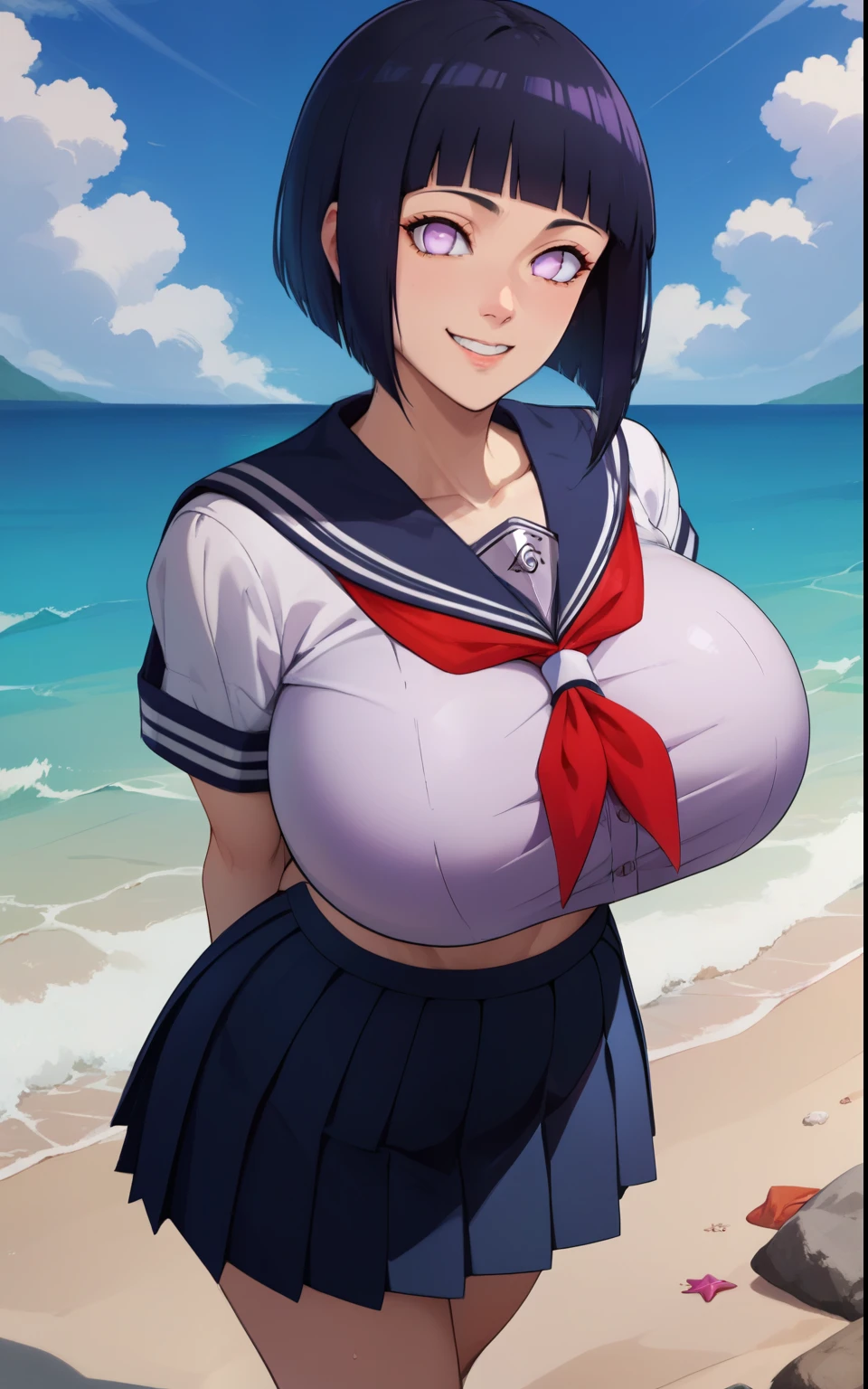 score_9, score_8_up, score_7_up, score_9,  BREAK  hinataSDXL, 1girl, solo, breasts, looking at viewer, smile, short hair, bangs, skirt, wearing bra, , purple eyes, bra, black hair, pleated skirt, serafuku, blunt bangs, sailor collar, huge breasts, neckerchief, ocean, beach, arms behind back, bob cut, red neckerchief, alternate breast size, bursting breasts, bra visible through clothes, hyuuga hinata