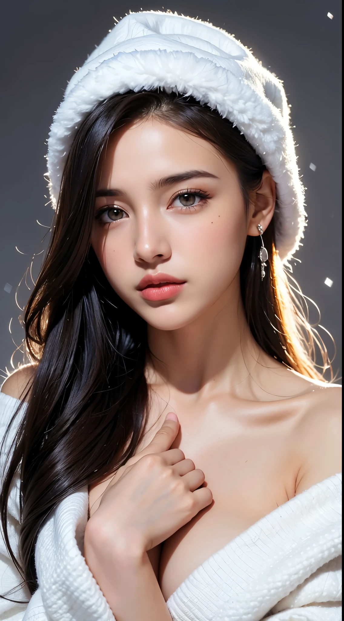 (Beautiful 18 year old ebony nude woman), looking sensually at the camera, She's got her finger in her mouth, passing your hands over your lips, (montanha alpina, neve, Pedregulhos), (jaqueta grande, fleece sweatshirt, wool hat, protetores de ouvido), aquecedores de perna, botas de neve, (ereto), (Melhor qualidade), (mesa), (detalhado), realista, absurdo, 8k HD, High definition, ultra-detalhado, textura de alta qualidade, detalhes intrincados, detalhado texture, finamente detalhado, alto detalhamento, extremamente detalhes CG, Sombra de alta qualidade, (reflexo de lente, raios de sol, Deus), (Linda garota latina, misto africano), (seios enormes), (olhos azuis brilhantes), (Cabelo azul-claro), (retrato do busto), inchados, Light particles of snow floating, obra-prima, maximum quality, alta qualidade, high resolution