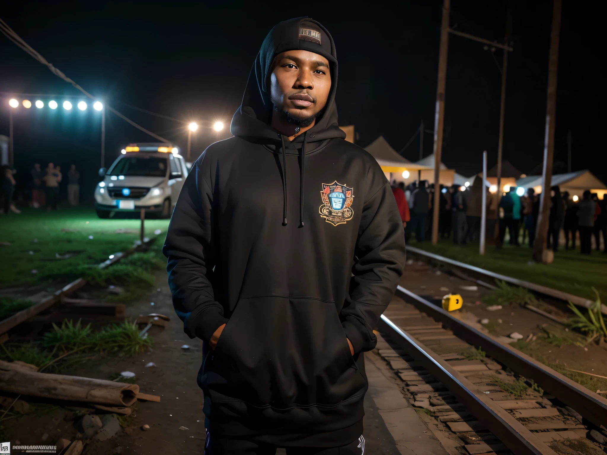 tembakan jarak jauh, full shot seorang pria tampan papua, memakai hoddie hitam dan style ala raper, berdiri dan memegang mic sambil berpose sedang bernyanyi, sangat realistis dan sangat detail.
Latar belakang sebuah panggung dan sound system.
Didepan objek tampak beberapa remaja laki-laki dan perempuan yang bersorak, serta dekorasi sebuah acara resmi.
Photo realistis, sangat realistis, sangat detail, ultraHD60k, fotografi profesional, bidikan tajam, sudut depan.