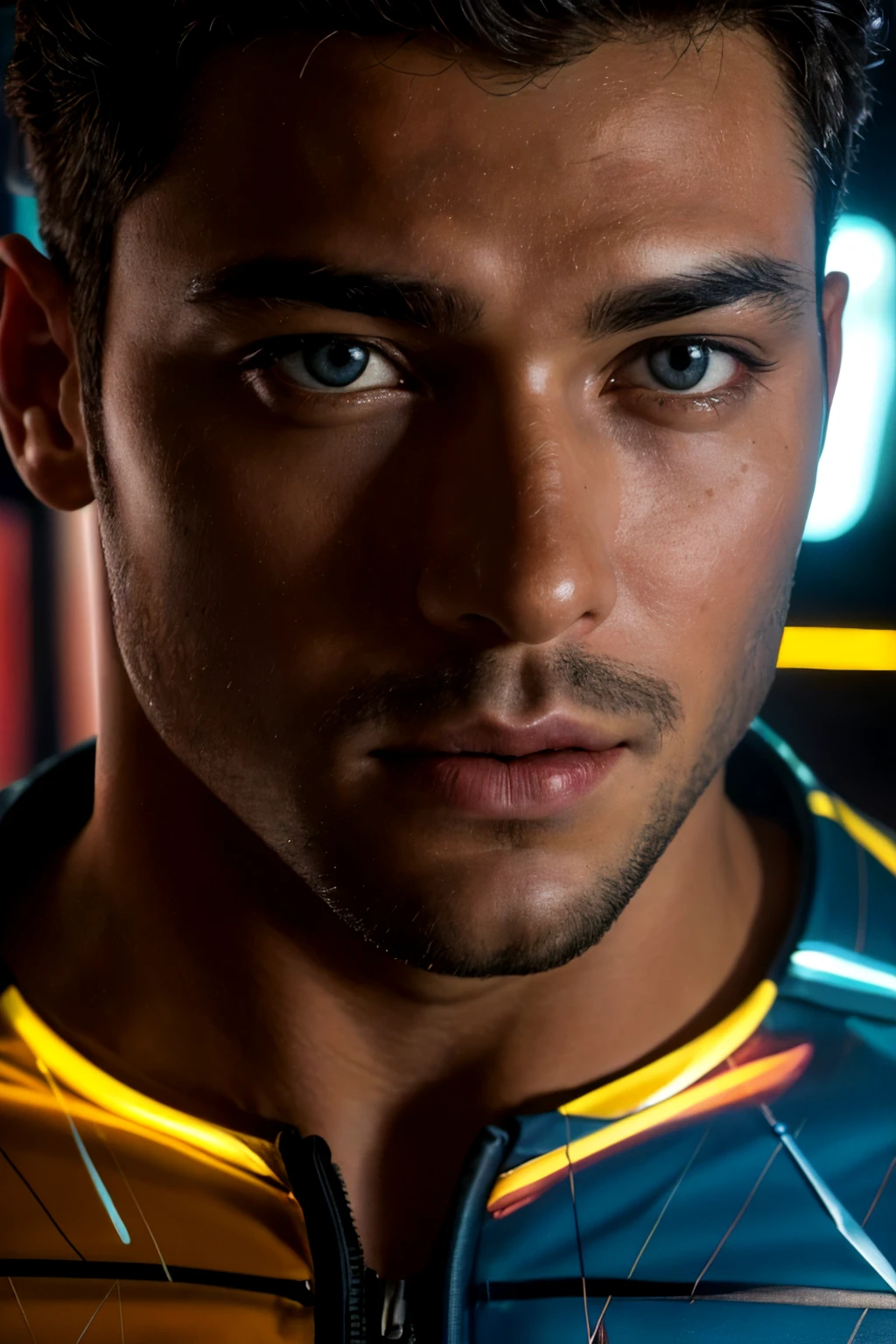 (extreme close-up), face protrait, male cyborg, wires, cables, led lights, microchip, muscular, large pectorals, puffy nipples, best quality, masterpiece, intricate details, dynamic pose, dynamic angle, (surreal), (illustration), ((oil painting \(medium\):1.2)), sharp focus, soft lighting, vibrant colors, cinematic photography, dynamic angle, volumetric lighting, film grain, hard shadows